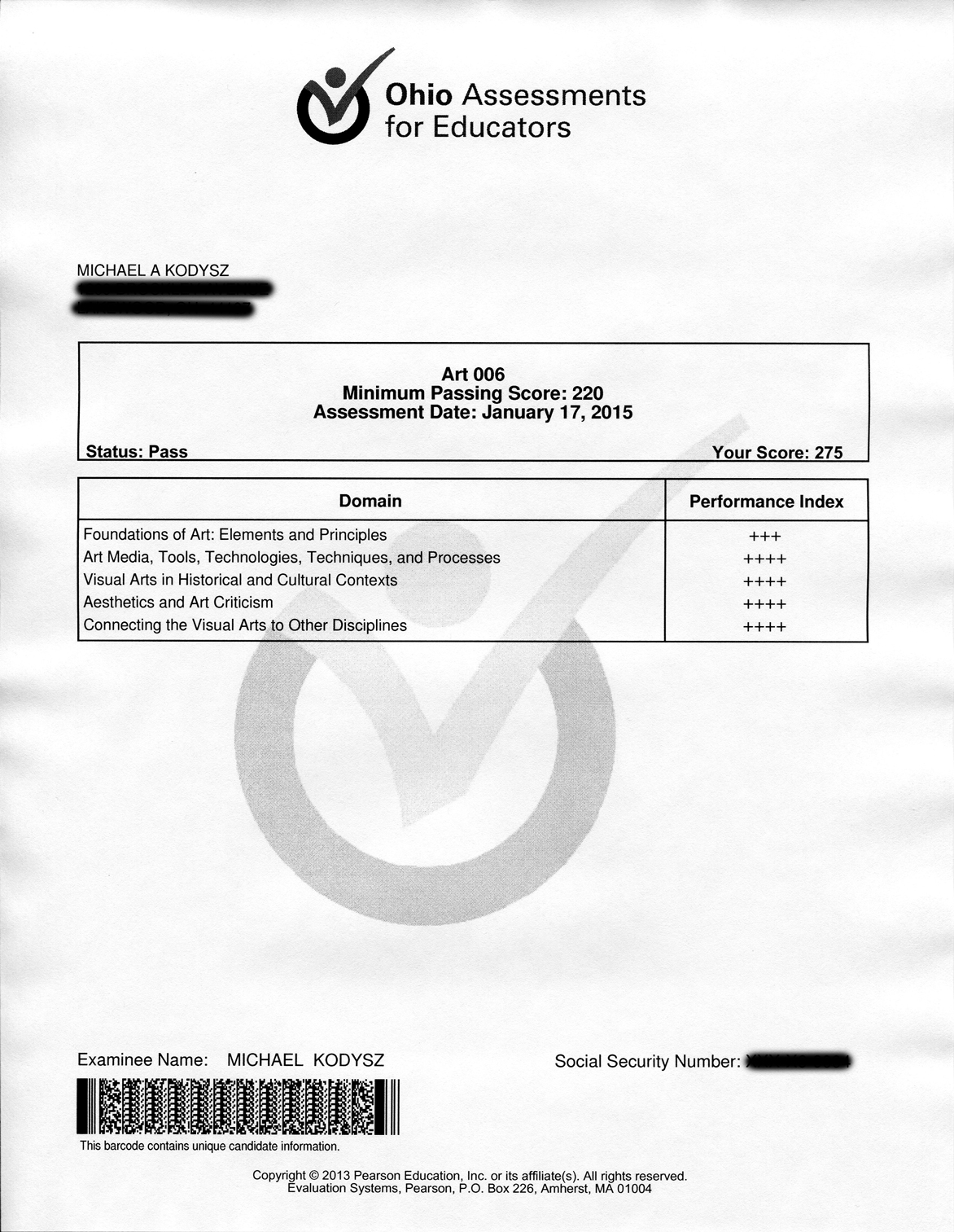 Ohio Assessment for Educators - Art 006 Exam Results