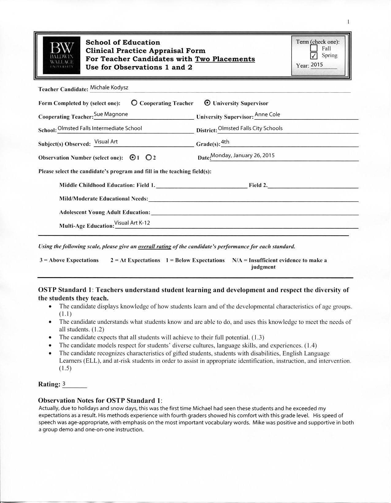 Clinical Practice Placement no. 1 - University Supervisor, Observation no. 1