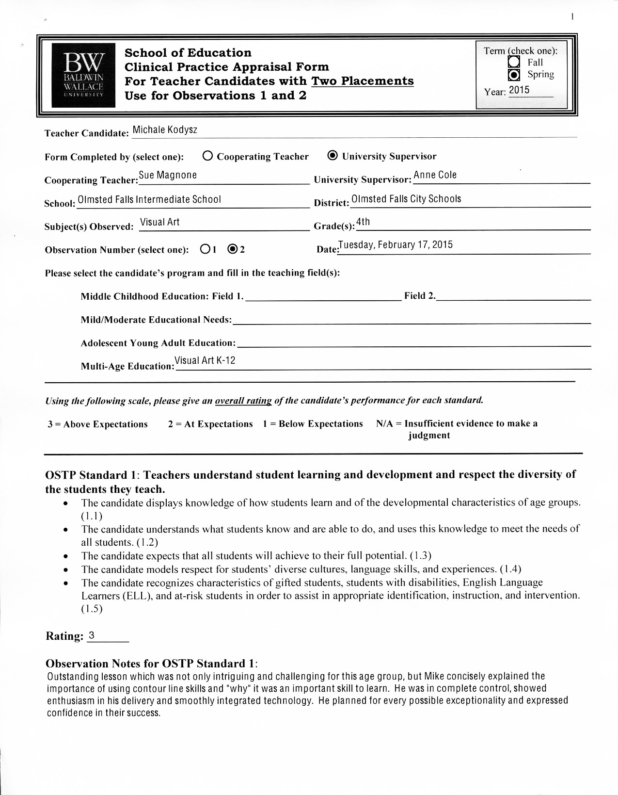 Clinical Practice Placement no. 1 - University Supervisor, Observation no. 2