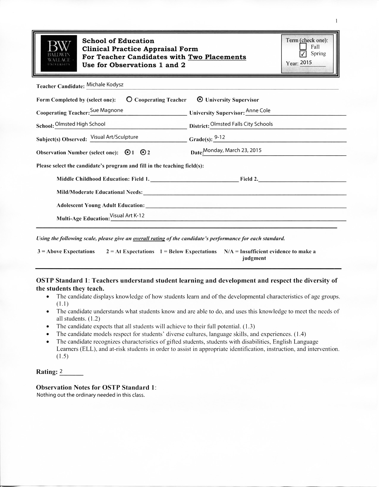 Clinical Practice Placement no. 2 - University Supervisor, Observation no. 1