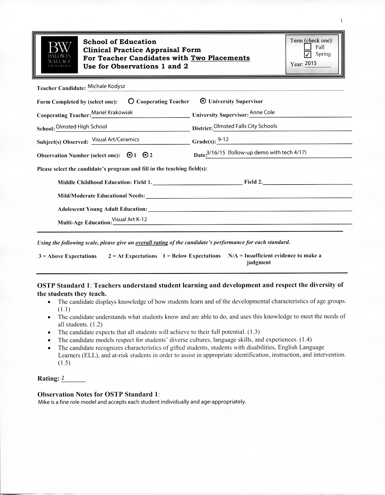 Clinical Practice Placement no. 2 - University Supervisor, Observation no. 2