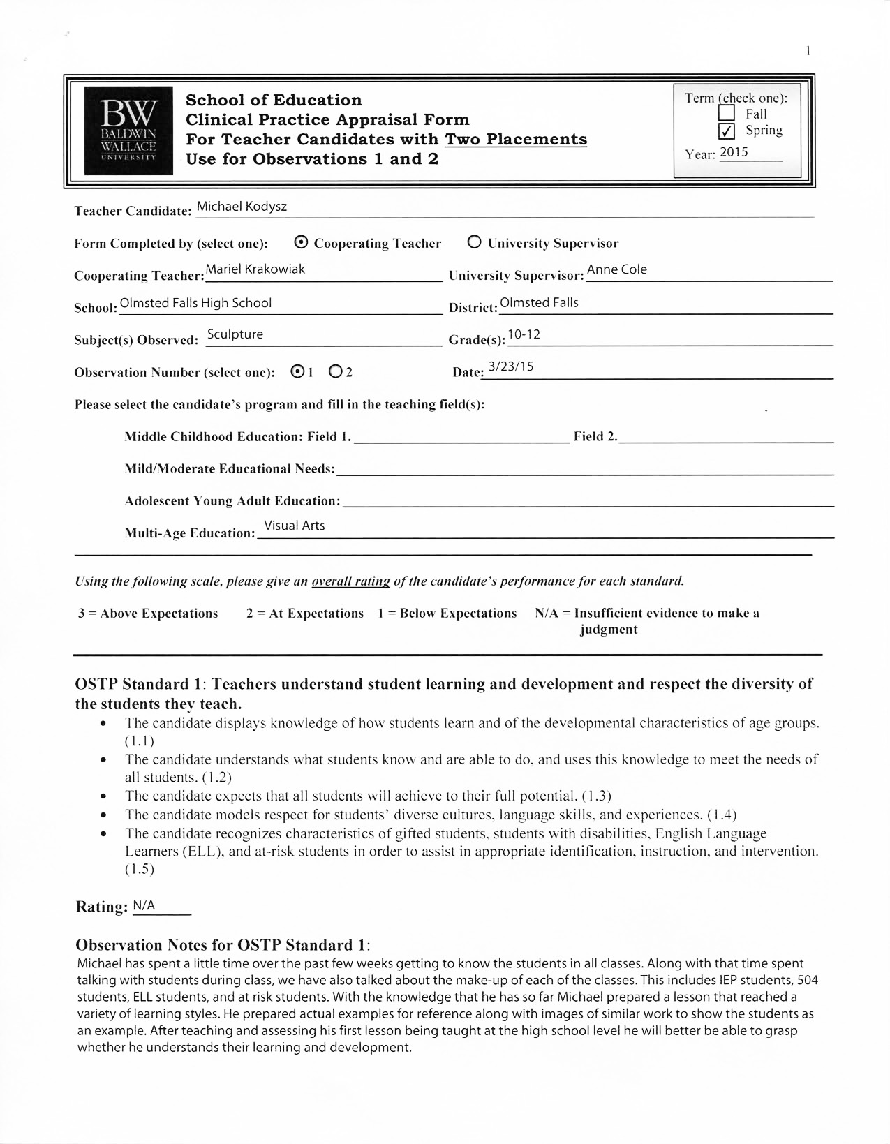 Clinical Practice Placement no. 2 - Cooperating Teacher, Observation no. 1