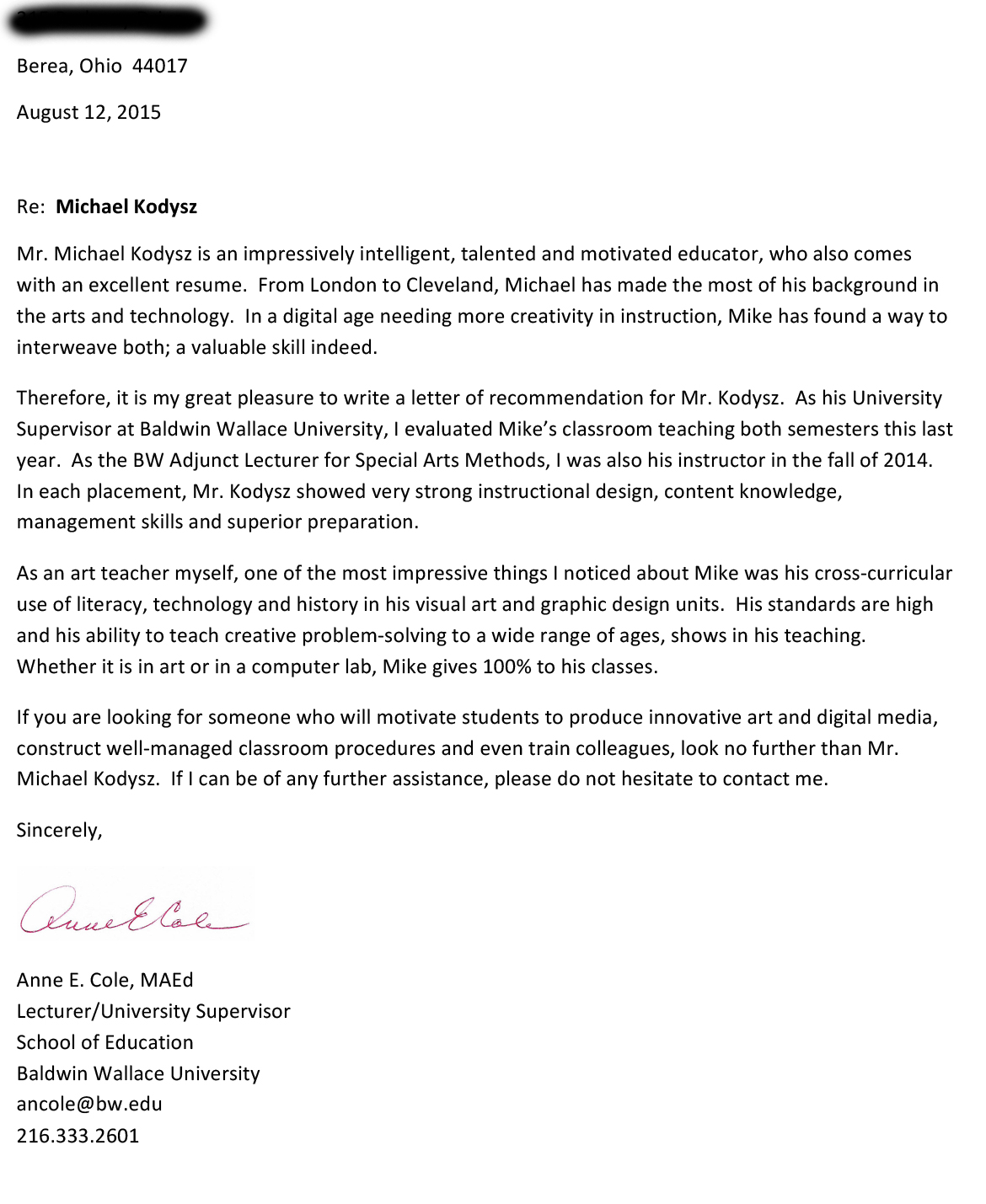 Letter of Recommendation - University Supervisor