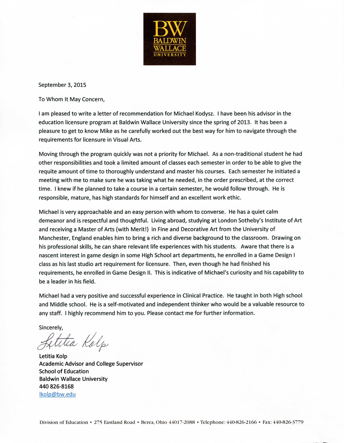 Letter of Recommendation - Academic Advisor